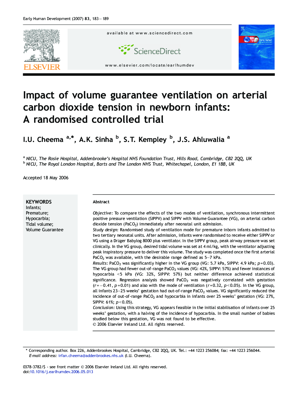 Impact of volume guarantee ventilation on arterial carbon dioxide tension in newborn infants: A randomised controlled trial