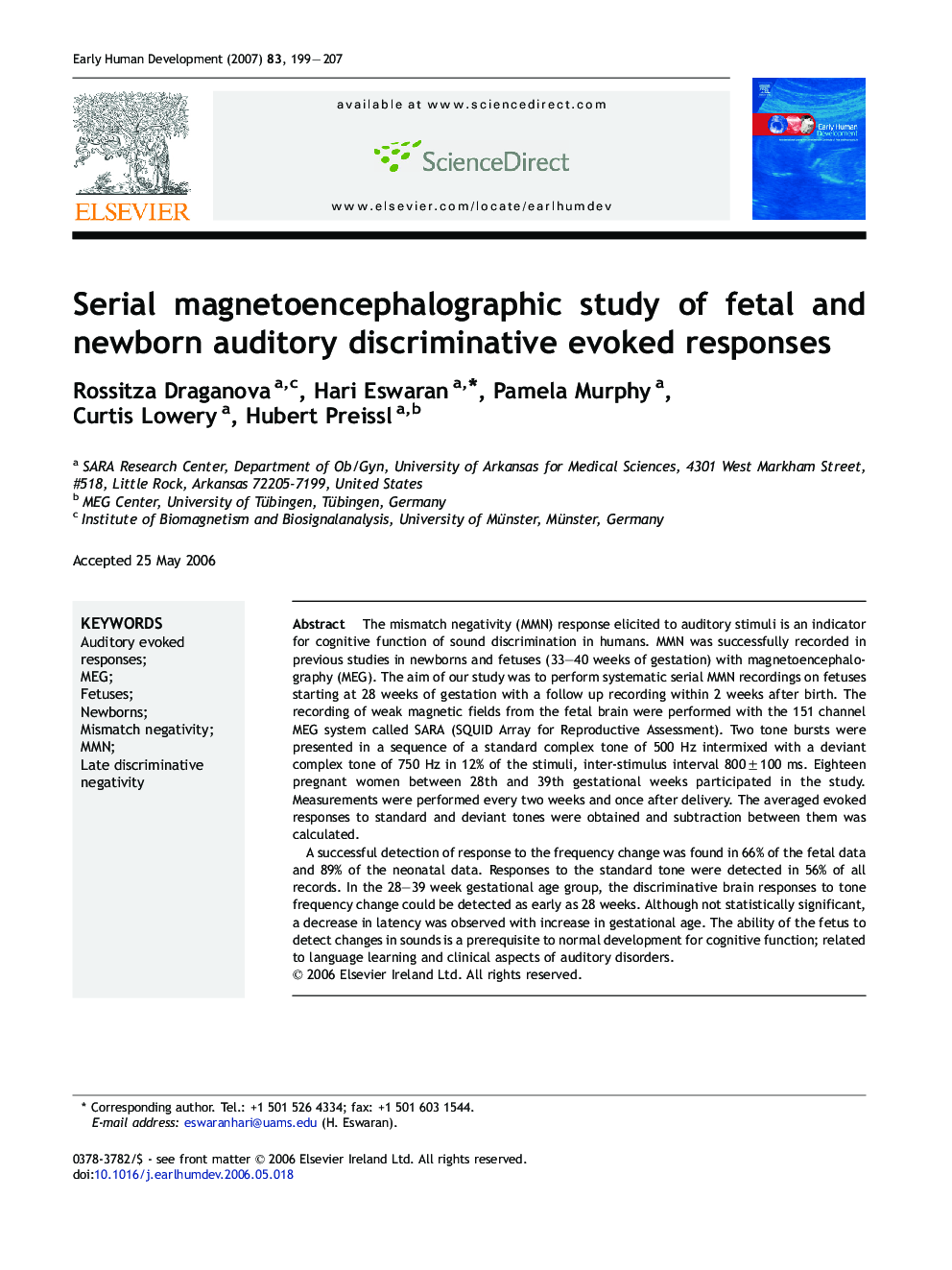 Serial magnetoencephalographic study of fetal and newborn auditory discriminative evoked responses