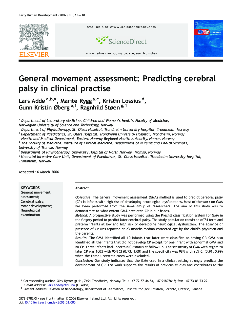 General movement assessment: Predicting cerebral palsy in clinical practise