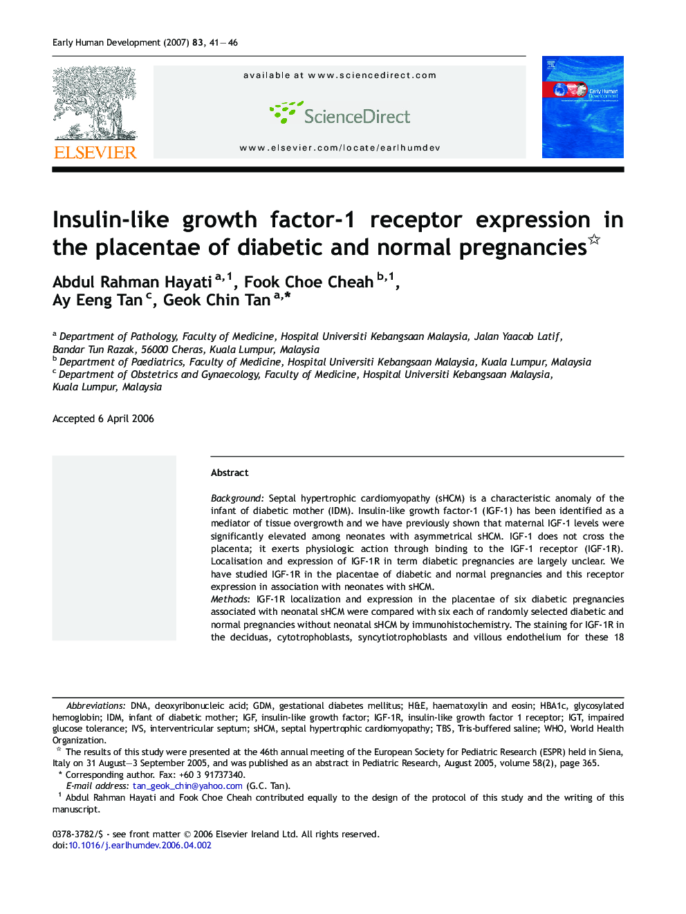 Insulin-like growth factor-1 receptor expression in the placentae of diabetic and normal pregnancies 