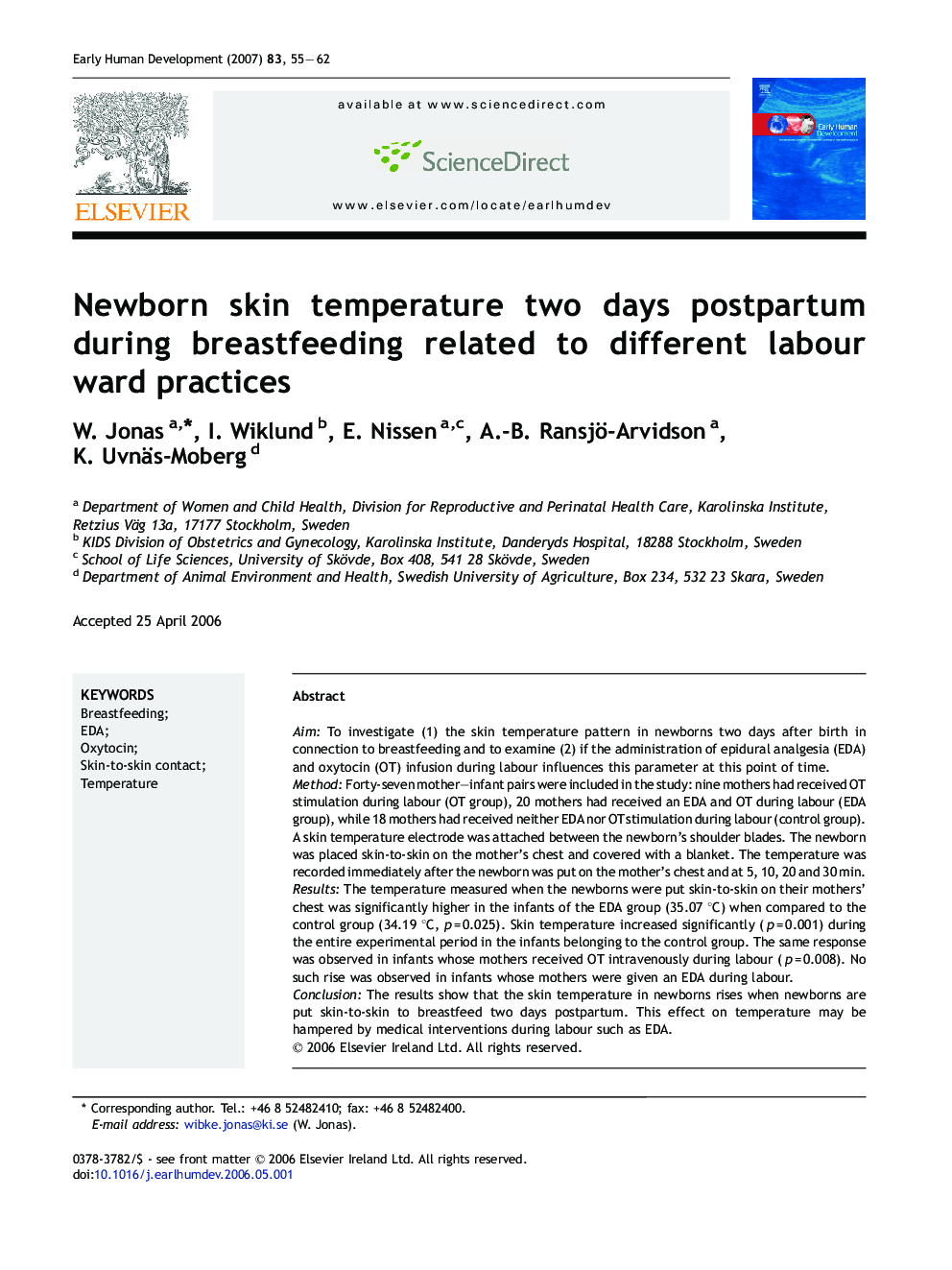 Newborn skin temperature two days postpartum during breastfeeding related to different labour ward practices