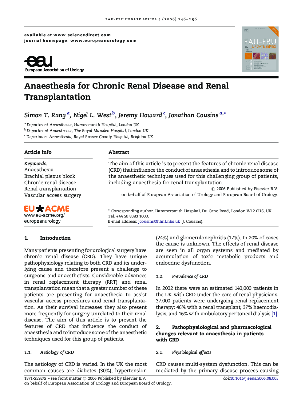 Anaesthesia for Chronic Renal Disease and Renal Transplantation