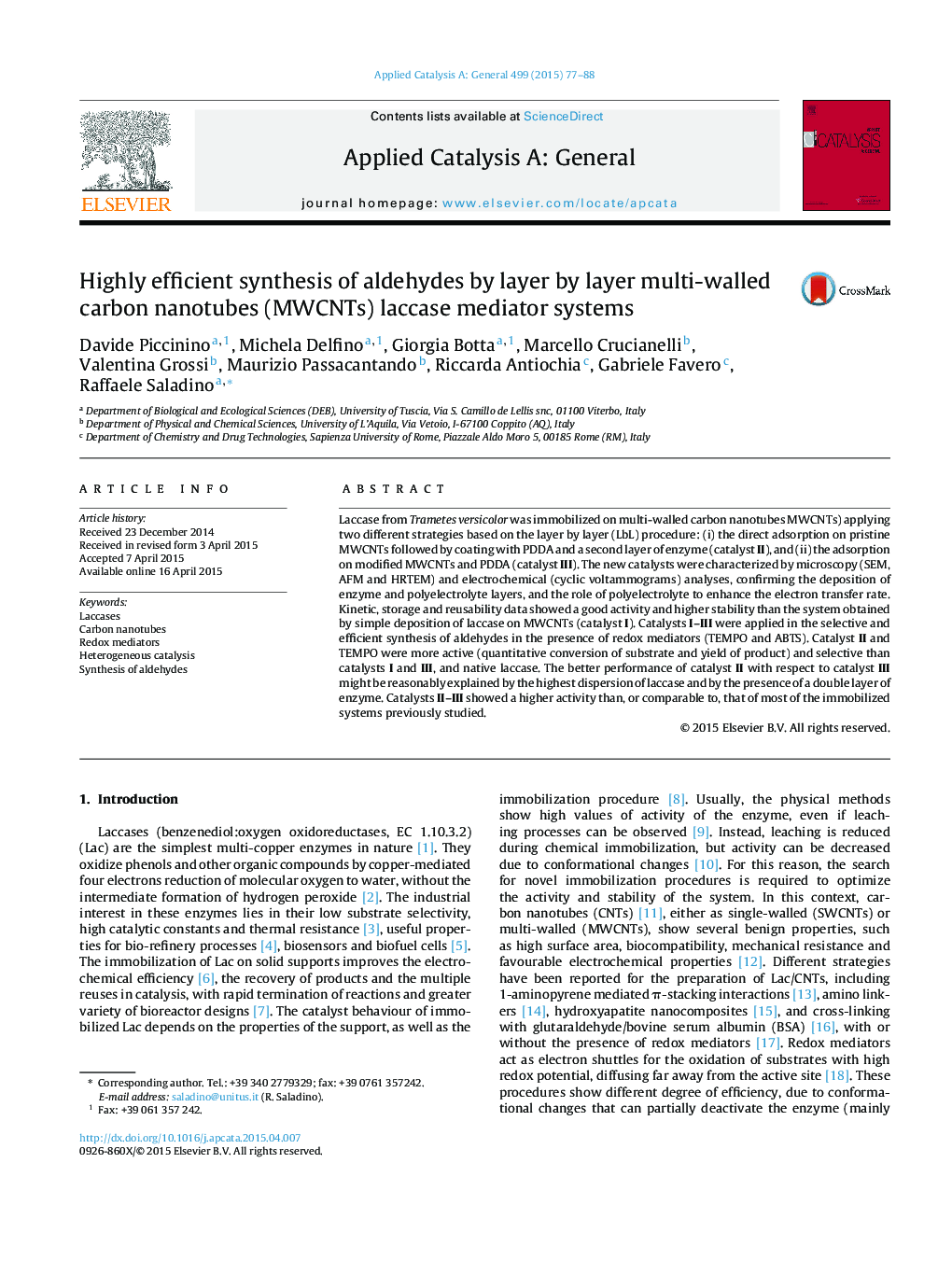 Highly efficient synthesis of aldehydes by layer by layer multi-walled carbon nanotubes (MWCNTs) laccase mediator systems