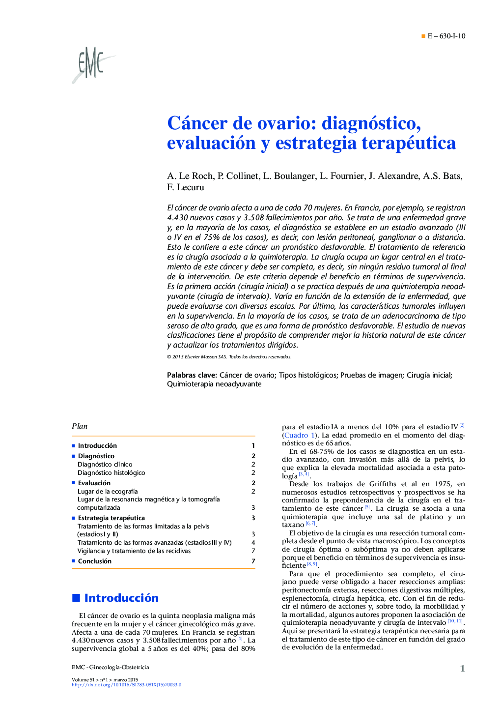 Cáncer de ovario: diagnóstico, evaluación y estrategia terapéutica