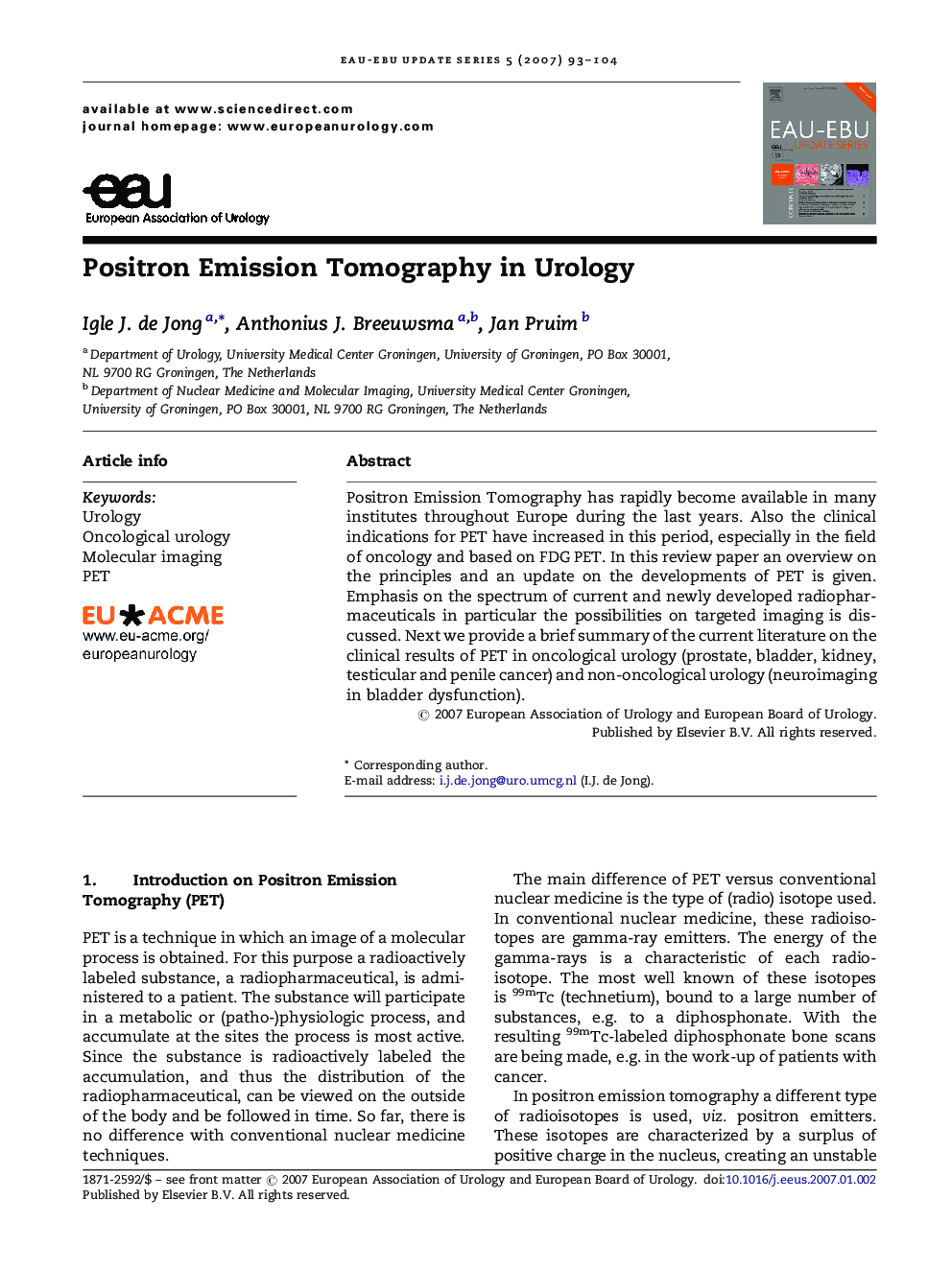 Positron Emission Tomography in Urology