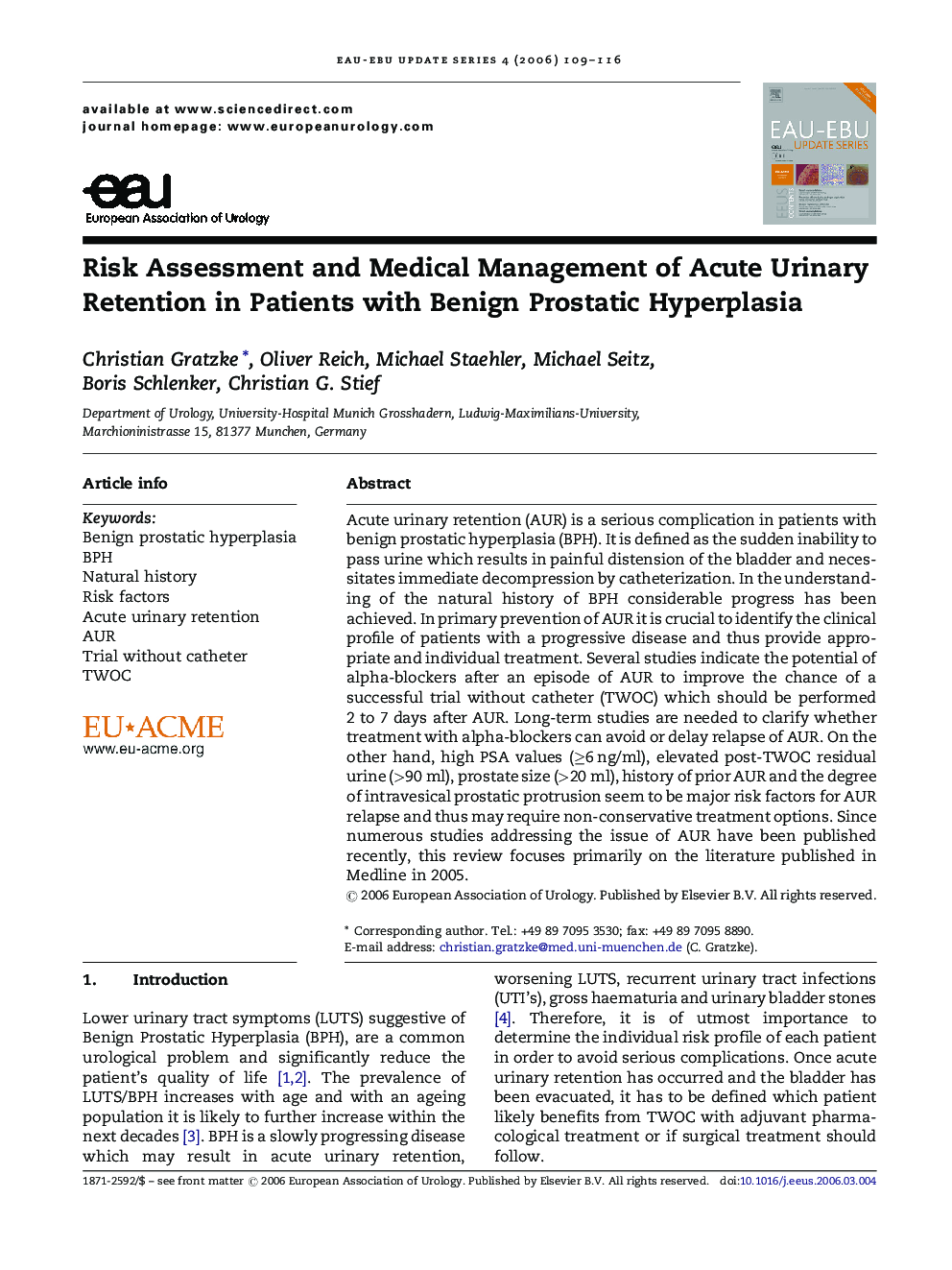 Risk Assessment and Medical Management of Acute Urinary Retention in Patients with Benign Prostatic Hyperplasia