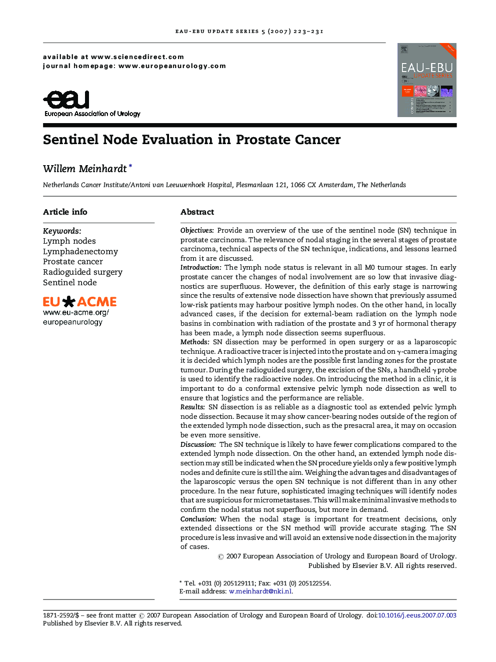 Sentinel Node Evaluation in Prostate Cancer