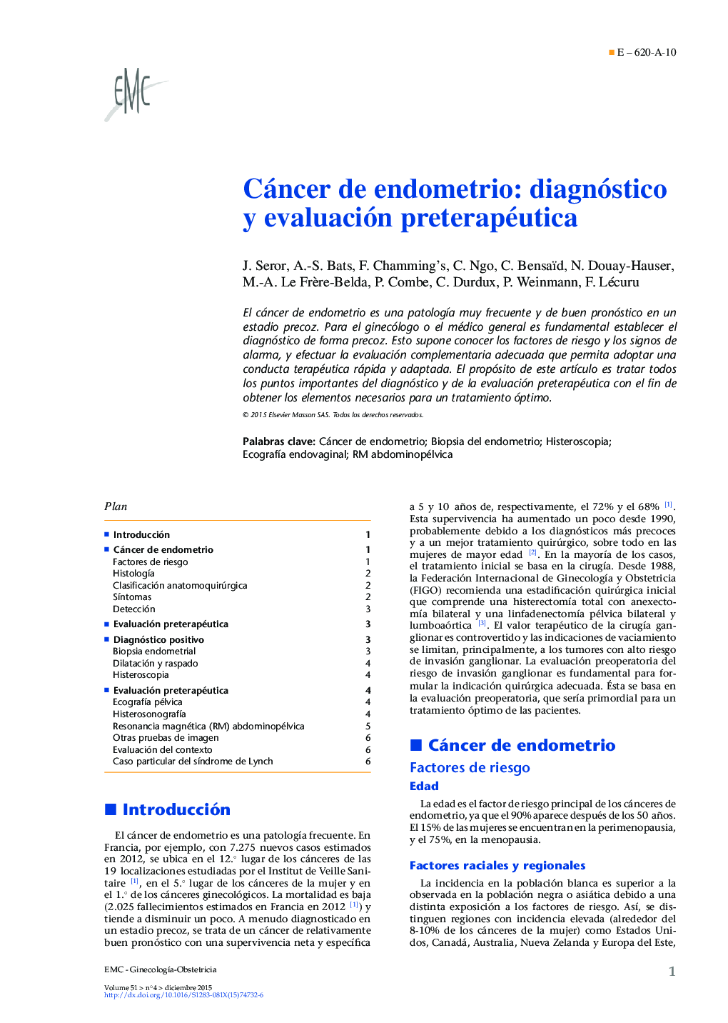 Cáncer de endometrio: diagnóstico y evaluación preterapéutica