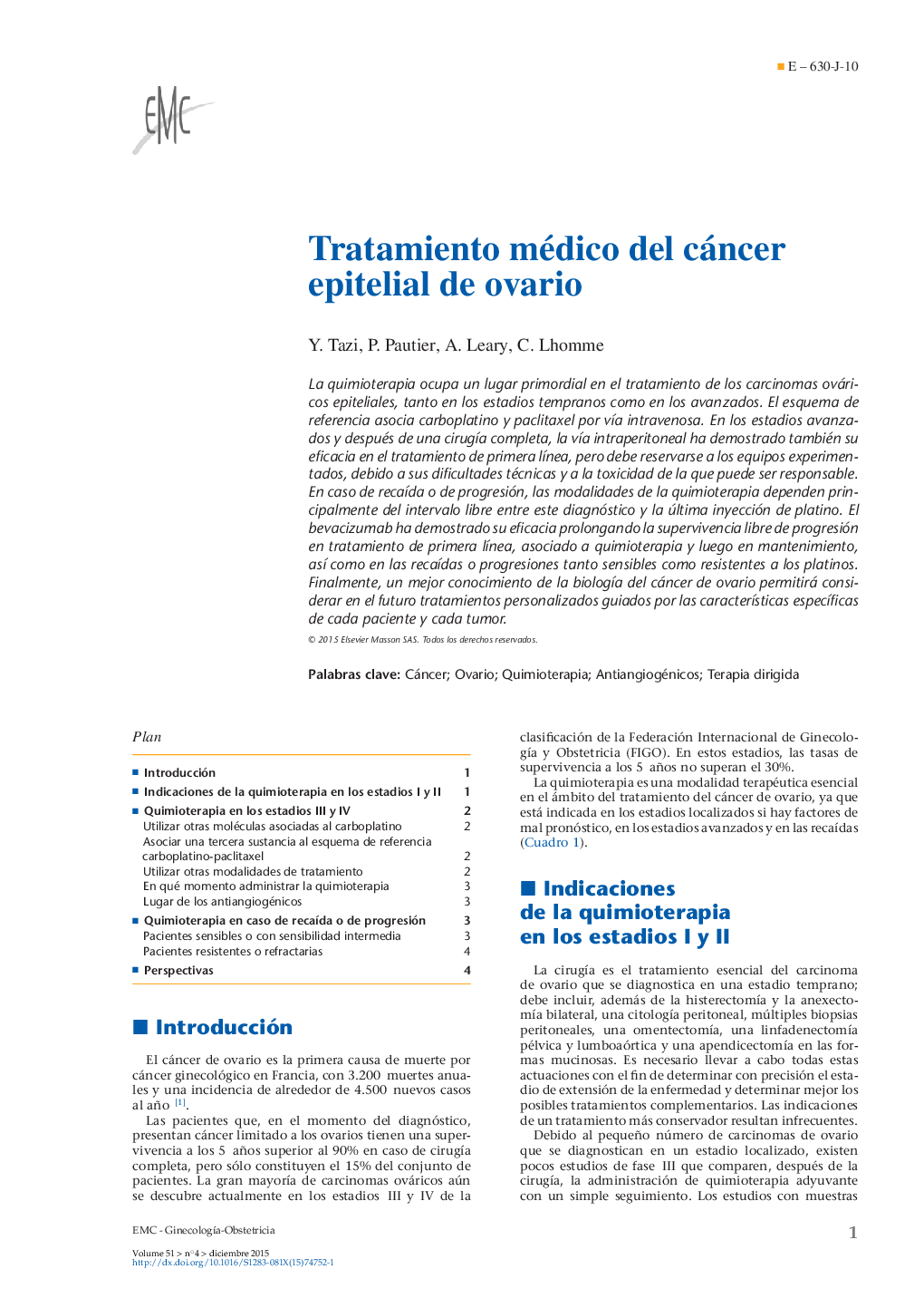 Tratamiento médico del cáncer epitelial de ovario