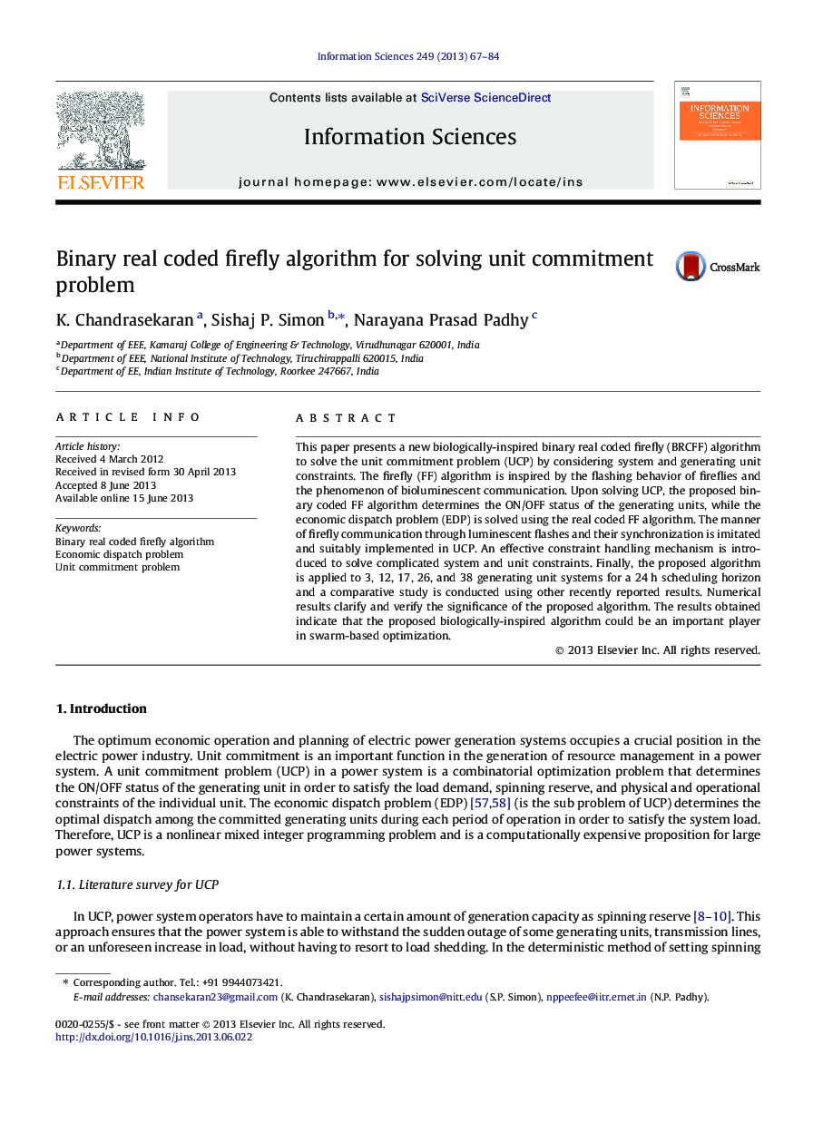 Binary real coded firefly algorithm for solving unit commitment problem