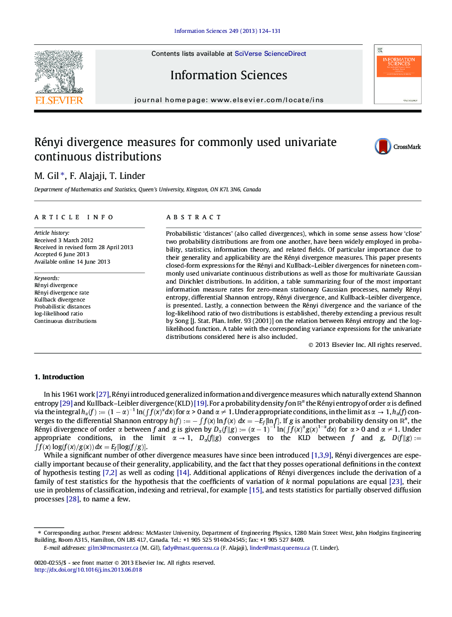 Rényi divergence measures for commonly used univariate continuous distributions