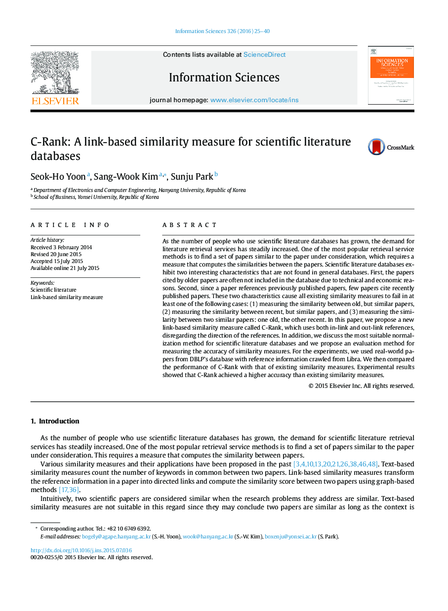 C-Rank: A link-based similarity measure for scientific literature databases