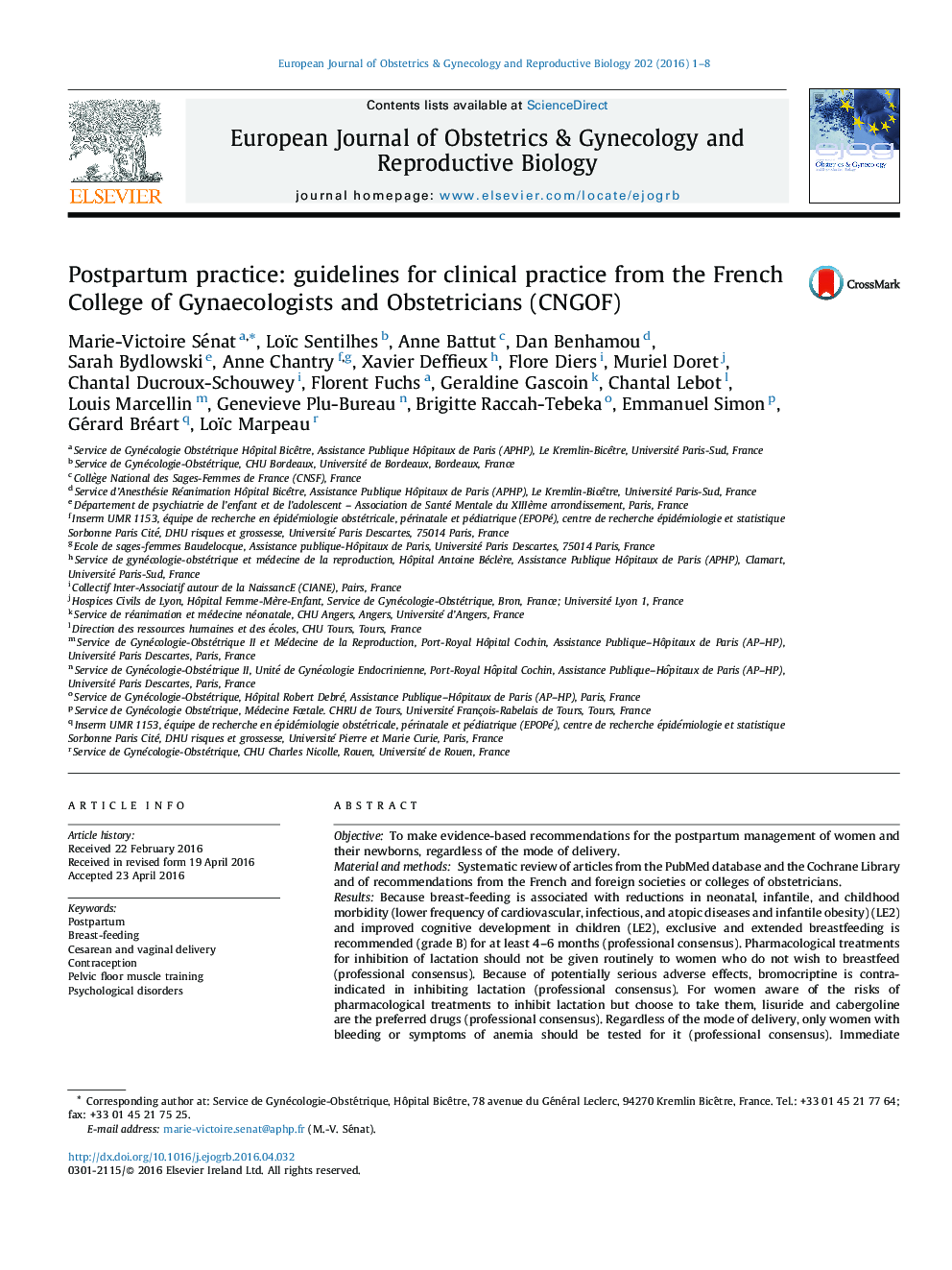 Postpartum practice: guidelines for clinical practice from the French College of Gynaecologists and Obstetricians (CNGOF)