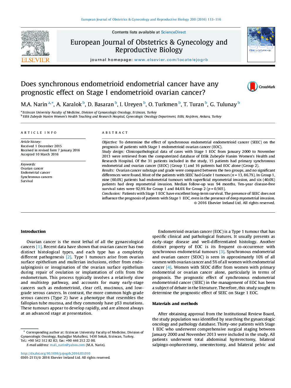 Does synchronous endometrioid endometrial cancer have any prognostic effect on Stage I endometrioid ovarian cancer?