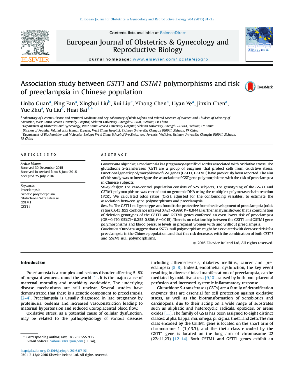 Association study between GSTT1 and GSTM1 polymorphisms and risk of preeclampsia in Chinese population