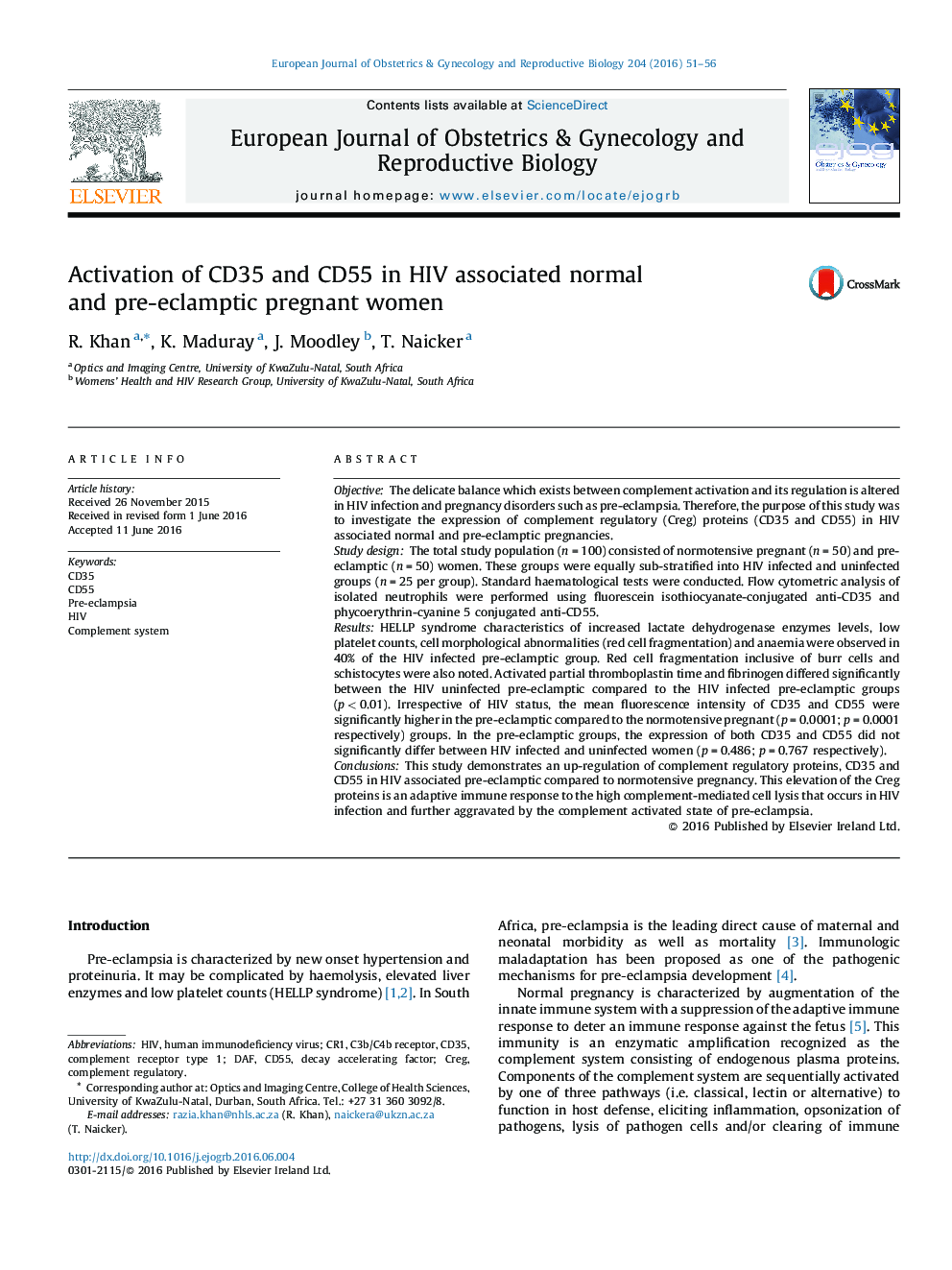 Activation of CD35 and CD55 in HIV associated normal and pre-eclamptic pregnant women