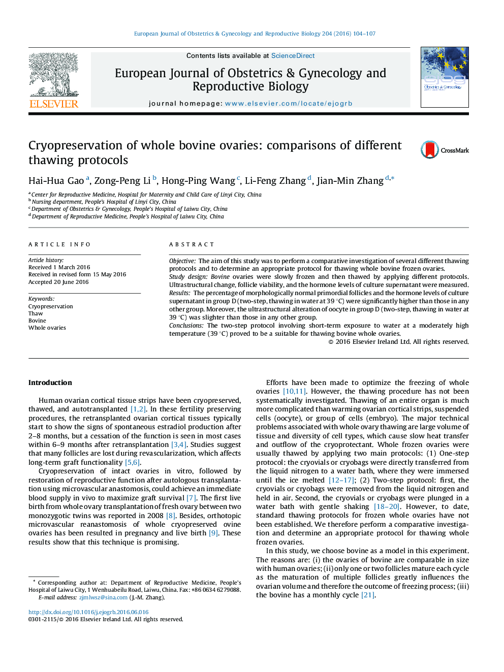 Cryopreservation of whole bovine ovaries: comparisons of different thawing protocols