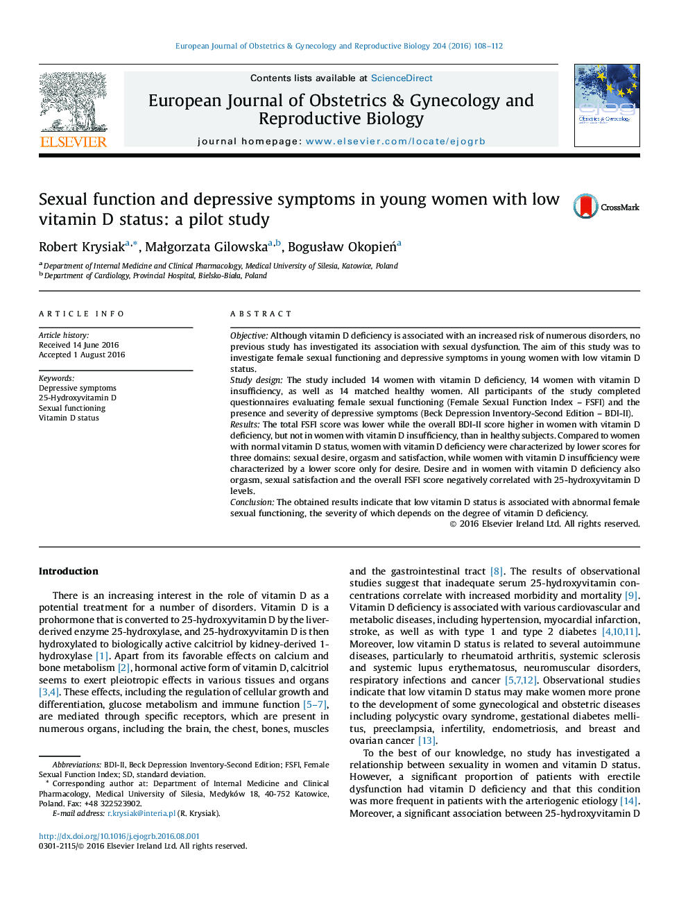 Sexual function and depressive symptoms in young women with low vitamin D status: a pilot study