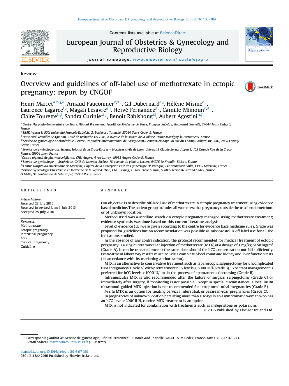 Overview and guidelines of off-label use of methotrexate in ectopic pregnancy: report by CNGOF