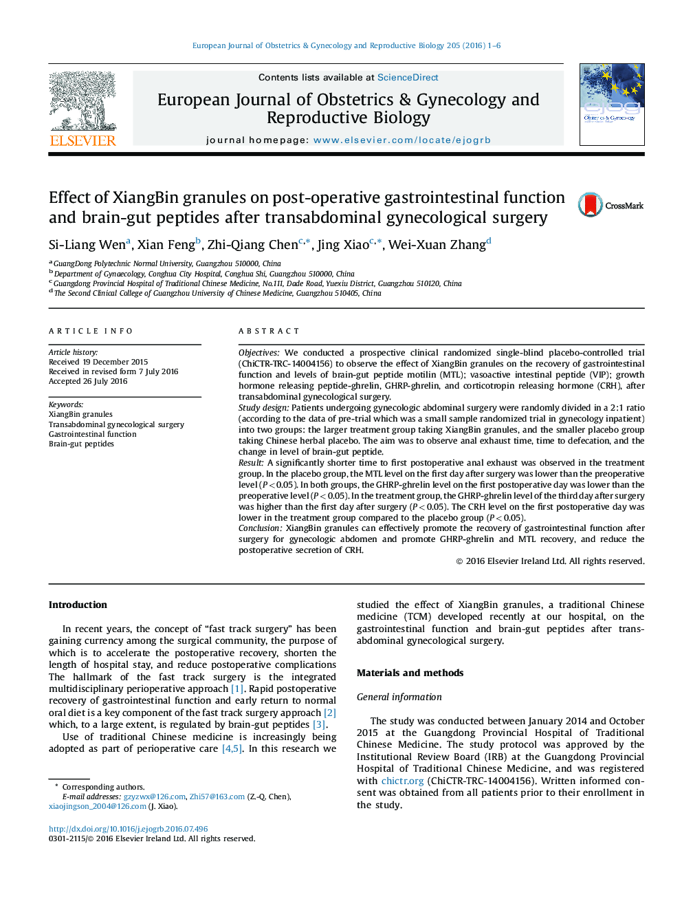 Effect of XiangBin granules on post-operative gastrointestinal function and brain-gut peptides after transabdominal gynecological surgery