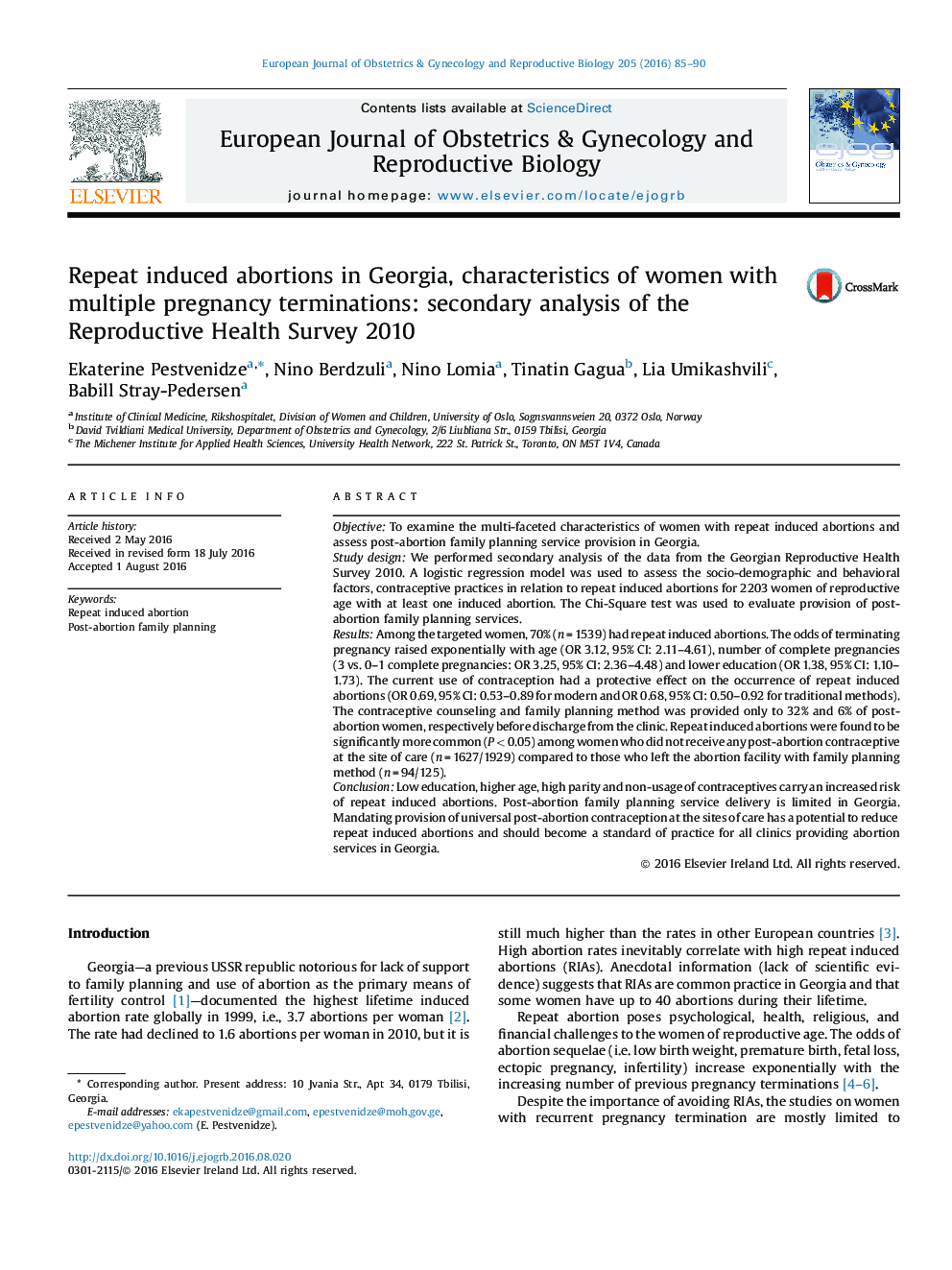 Repeat induced abortions in Georgia, characteristics of women with multiple pregnancy terminations: secondary analysis of the Reproductive Health Survey 2010