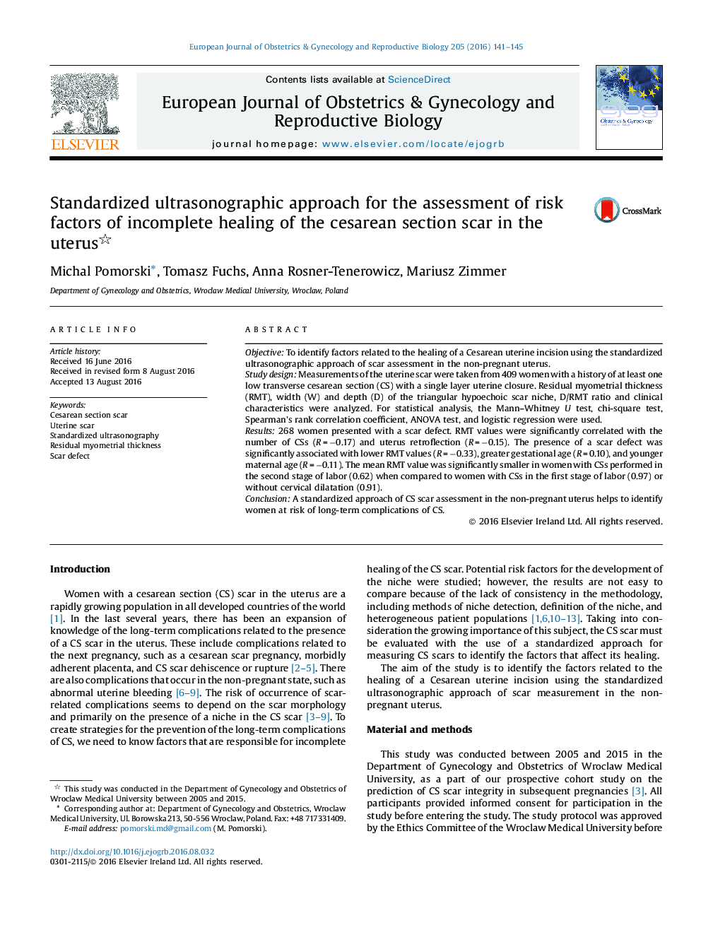 Standardized ultrasonographic approach for the assessment of risk factors of incomplete healing of the cesarean section scar in the uterus 