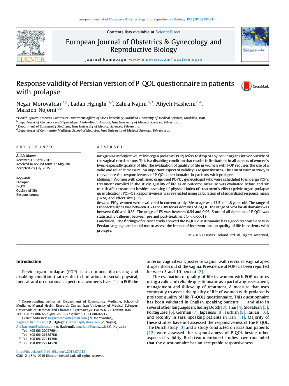 Response validity of Persian version of P-QOL questionnaire in patients with prolapse