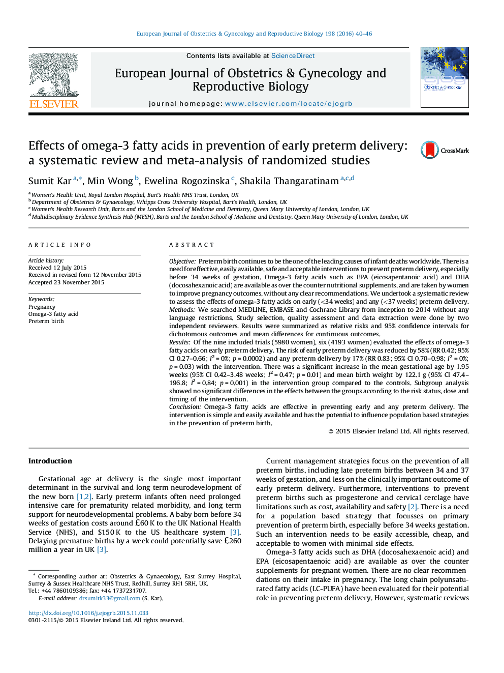 Effects of omega-3 fatty acids in prevention of early preterm delivery: a systematic review and meta-analysis of randomized studies