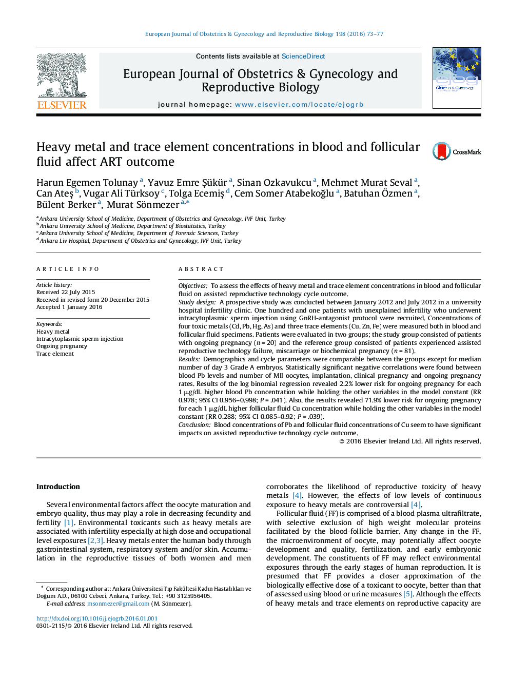 Heavy metal and trace element concentrations in blood and follicular fluid affect ART outcome