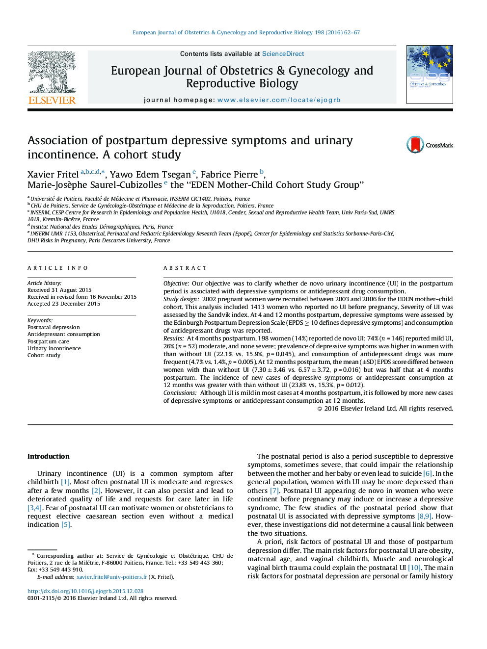 Association of postpartum depressive symptoms and urinary incontinence. A cohort study