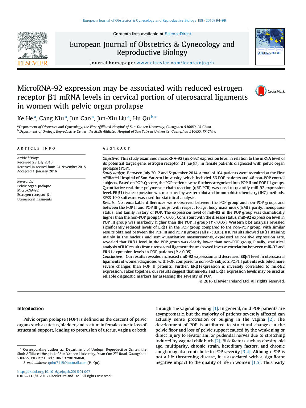 MicroRNA-92 expression may be associated with reduced estrogen receptor β1 mRNA levels in cervical portion of uterosacral ligaments in women with pelvic organ prolapse