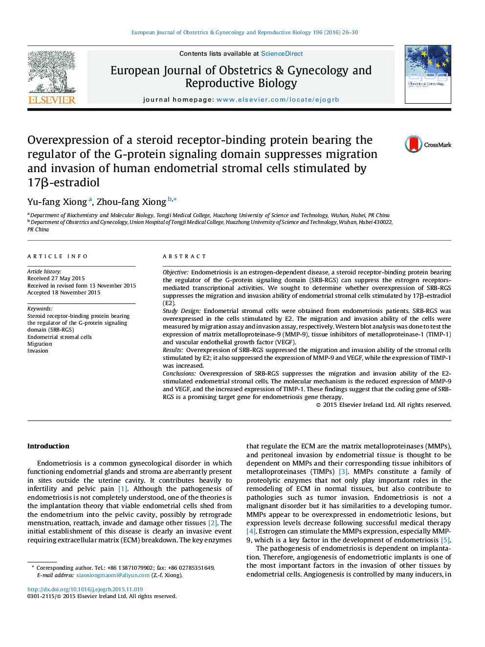 Overexpression of a steroid receptor-binding protein bearing the regulator of the G-protein signaling domain suppresses migration and invasion of human endometrial stromal cells stimulated by 17β-estradiol