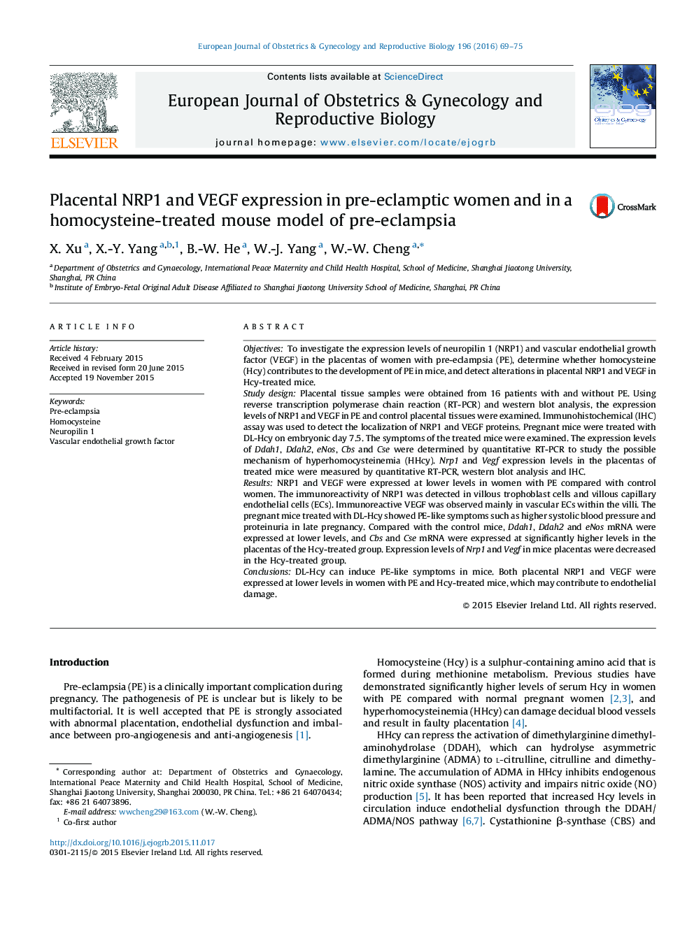 Placental NRP1 and VEGF expression in pre-eclamptic women and in a homocysteine-treated mouse model of pre-eclampsia