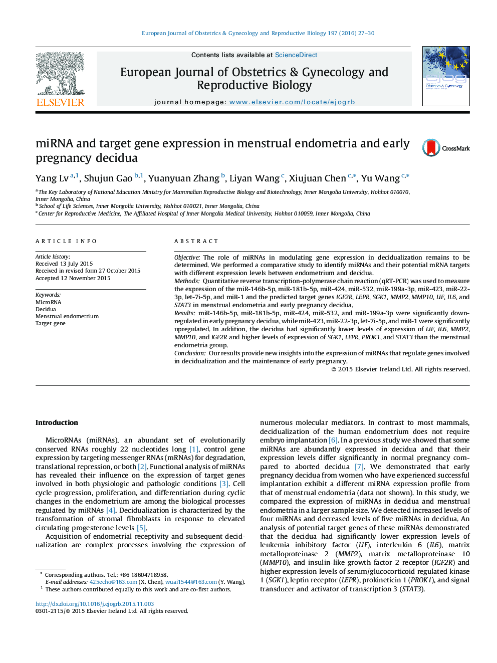 miRNA and target gene expression in menstrual endometria and early pregnancy decidua