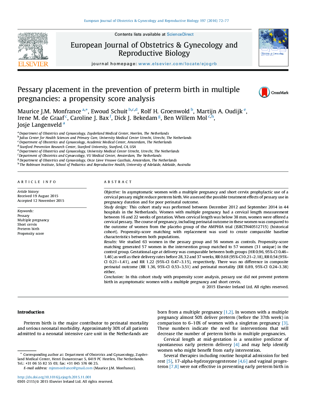 Pessary placement in the prevention of preterm birth in multiple pregnancies: a propensity score analysis