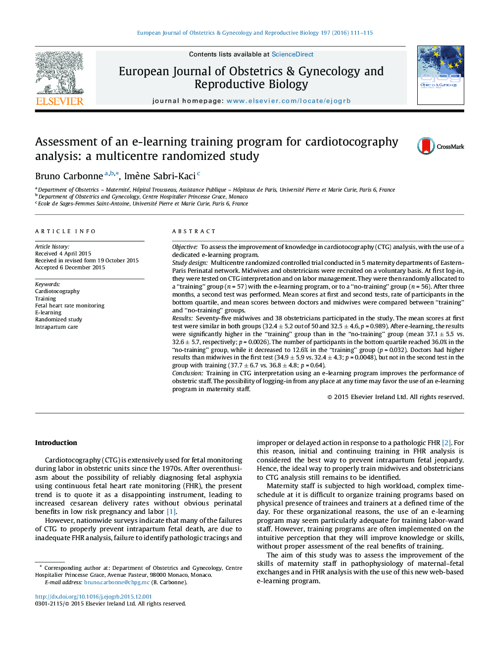 Assessment of an e-learning training program for cardiotocography analysis: a multicentre randomized study