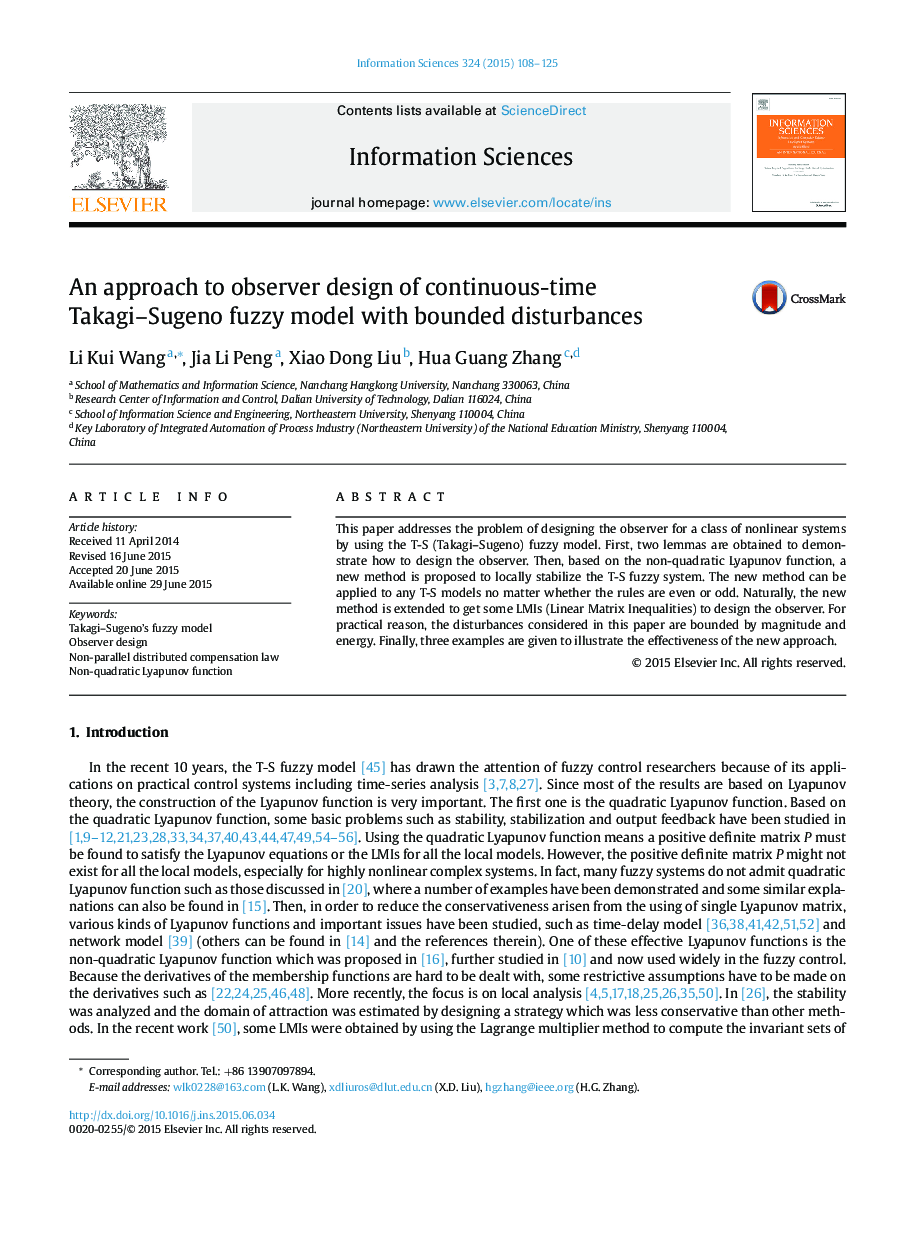 An approach to observer design of continuous-time Takagi–Sugeno fuzzy model with bounded disturbances