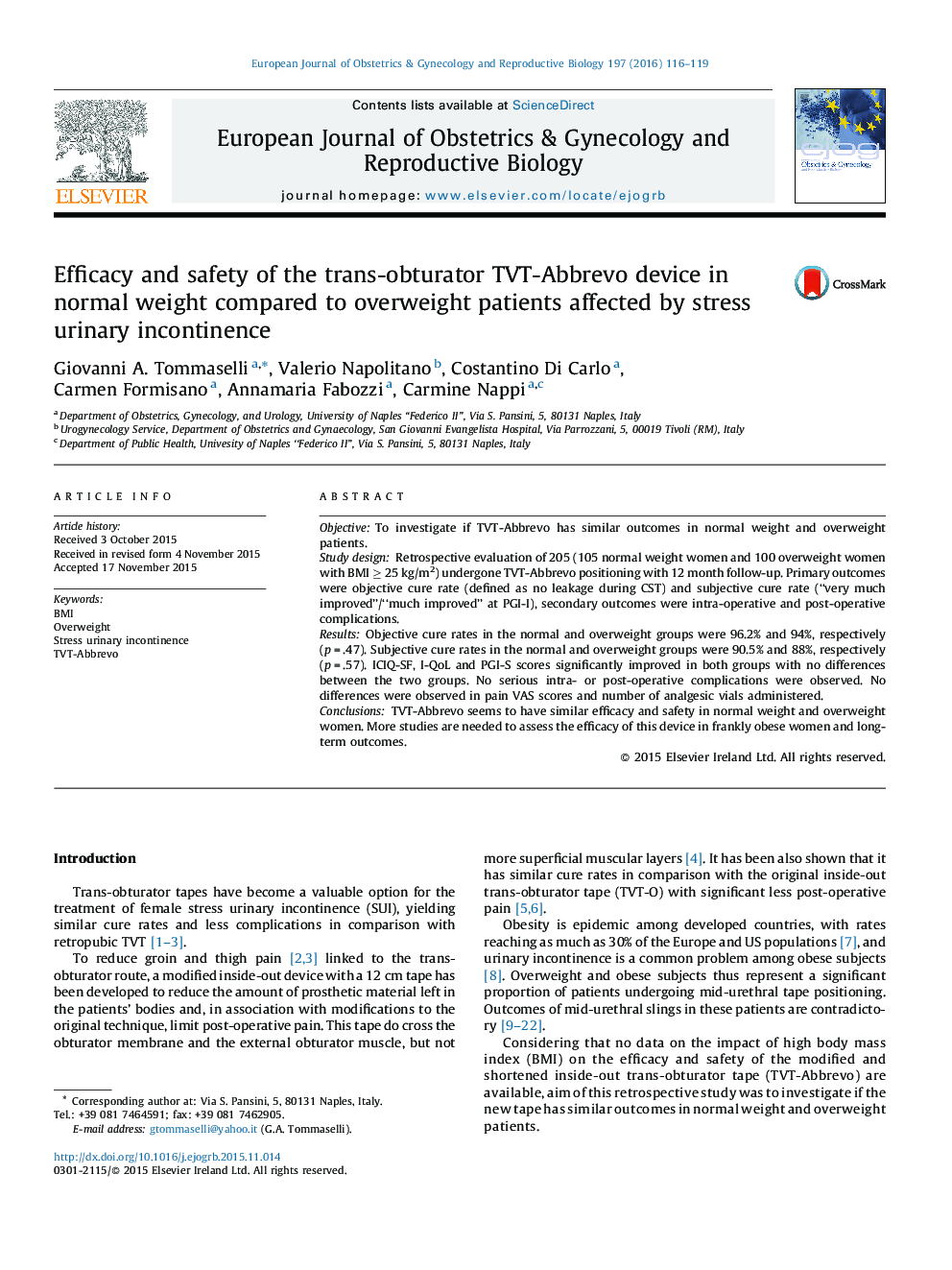 Efficacy and safety of the trans-obturator TVT-Abbrevo device in normal weight compared to overweight patients affected by stress urinary incontinence