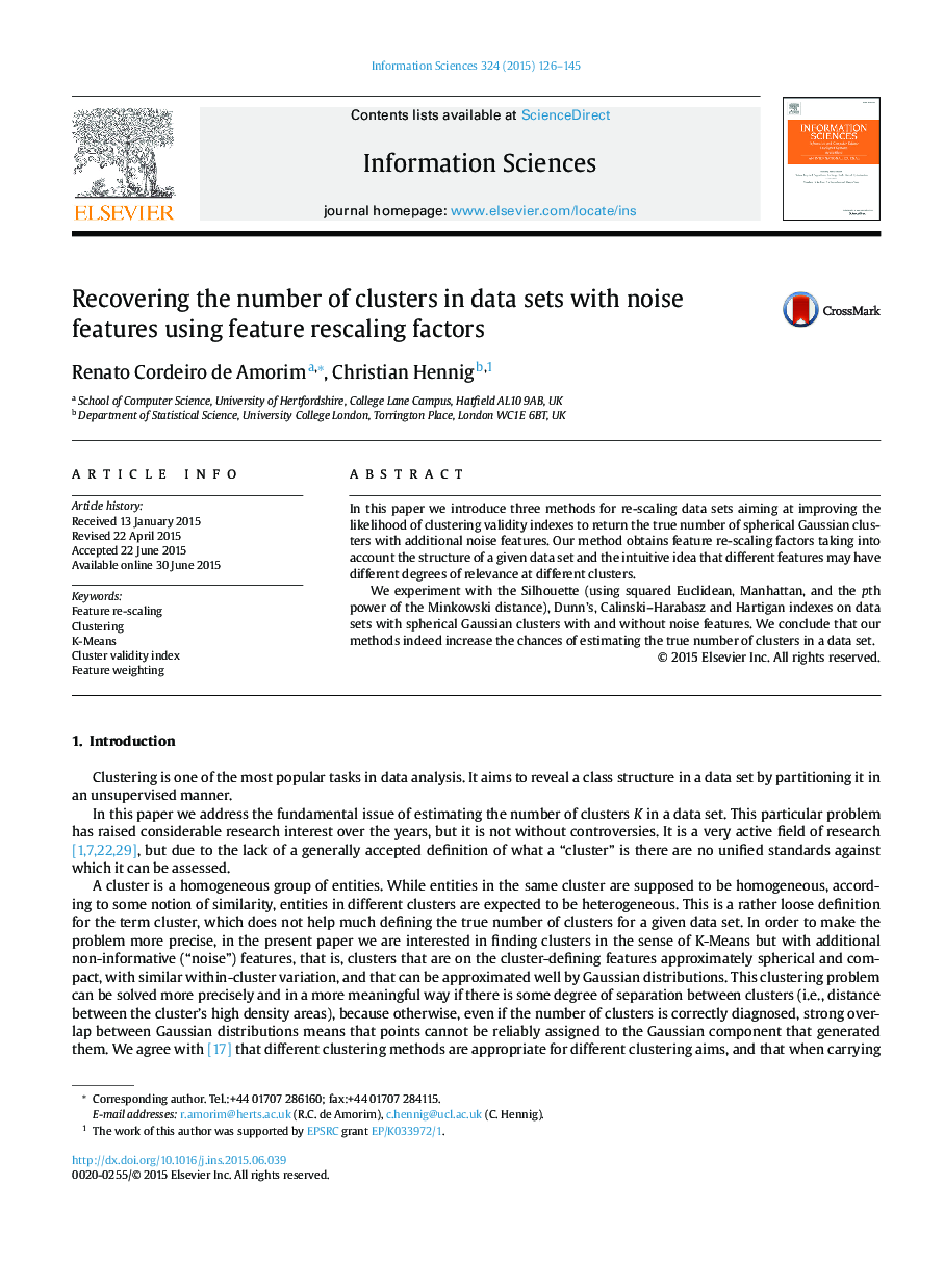 Recovering the number of clusters in data sets with noise features using feature rescaling factors