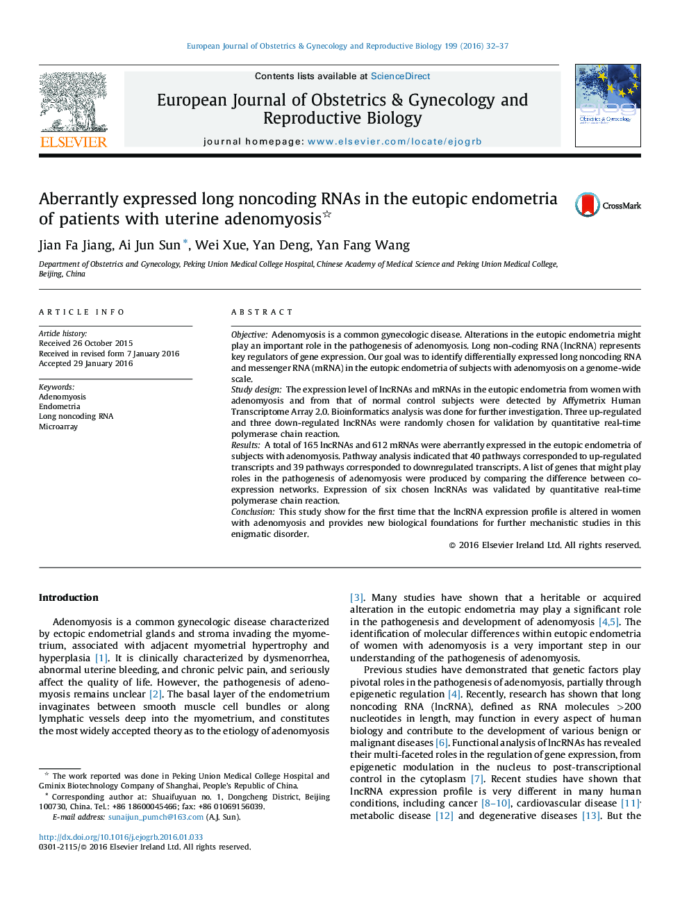 Aberrantly expressed long noncoding RNAs in the eutopic endometria of patients with uterine adenomyosis 