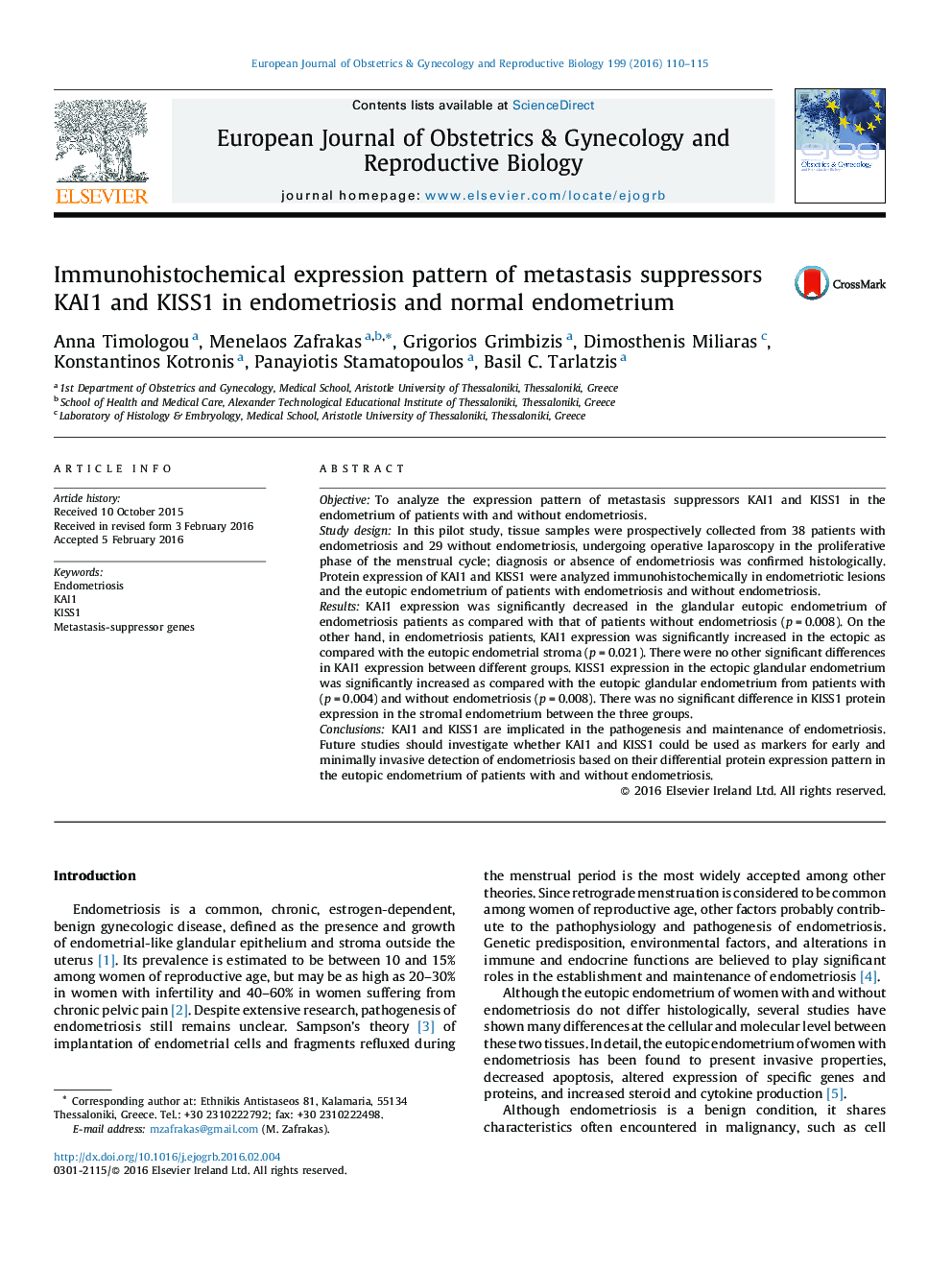 Immunohistochemical expression pattern of metastasis suppressors KAI1 and KISS1 in endometriosis and normal endometrium