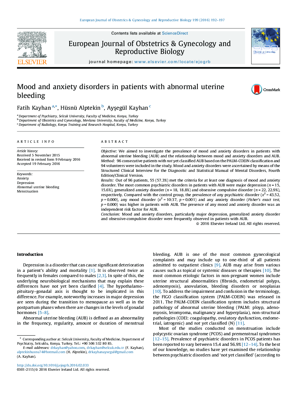 Mood and anxiety disorders in patients with abnormal uterine bleeding