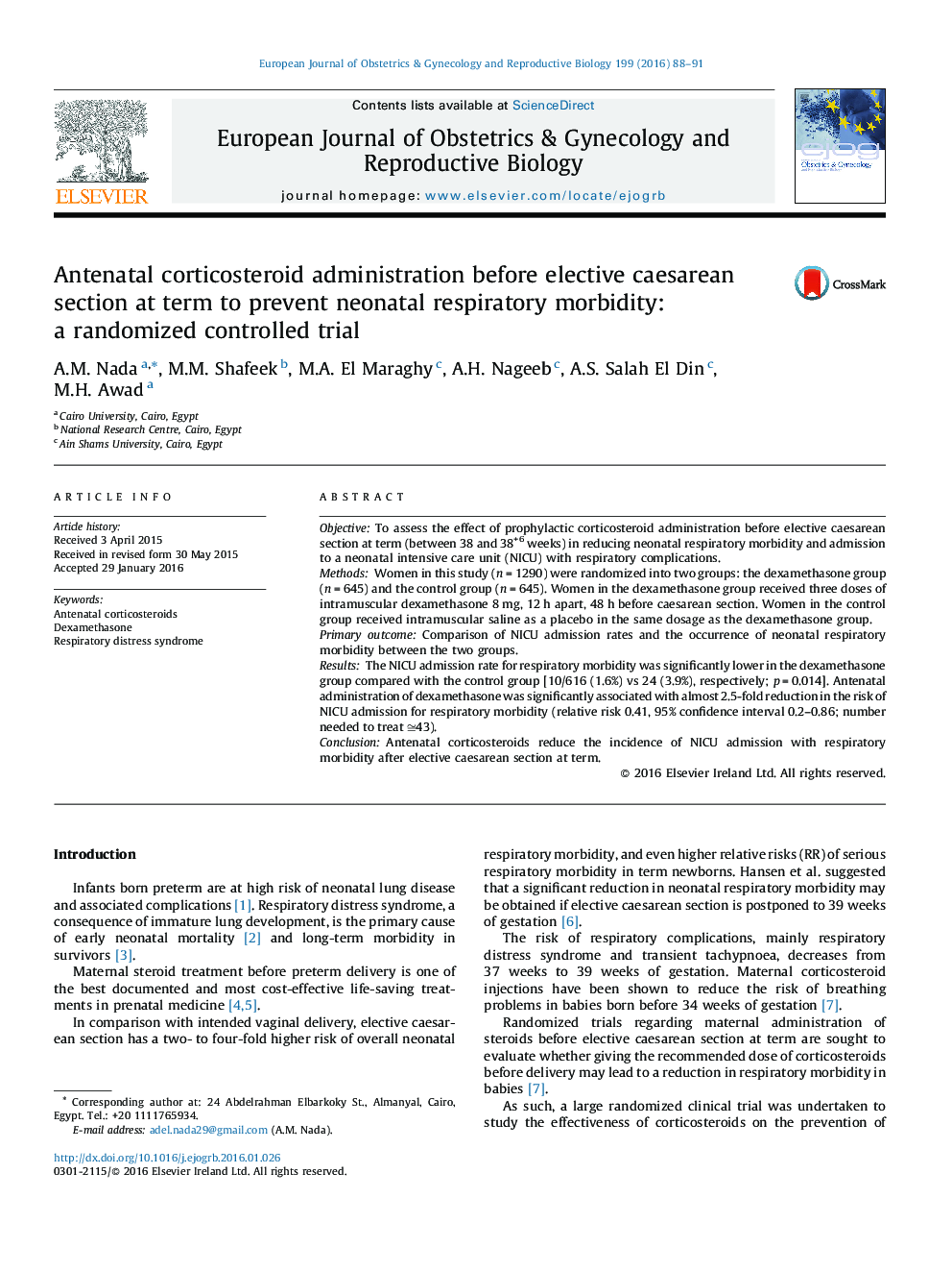 Antenatal corticosteroid administration before elective caesarean section at term to prevent neonatal respiratory morbidity: a randomized controlled trial