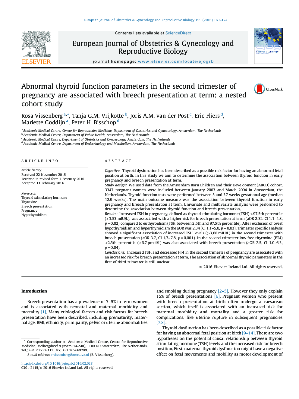 Abnormal thyroid function parameters in the second trimester of pregnancy are associated with breech presentation at term: a nested cohort study