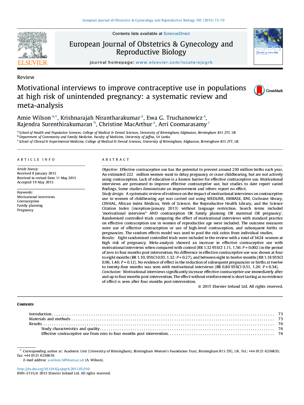 Motivational interviews to improve contraceptive use in populations at high risk of unintended pregnancy: a systematic review and meta-analysis