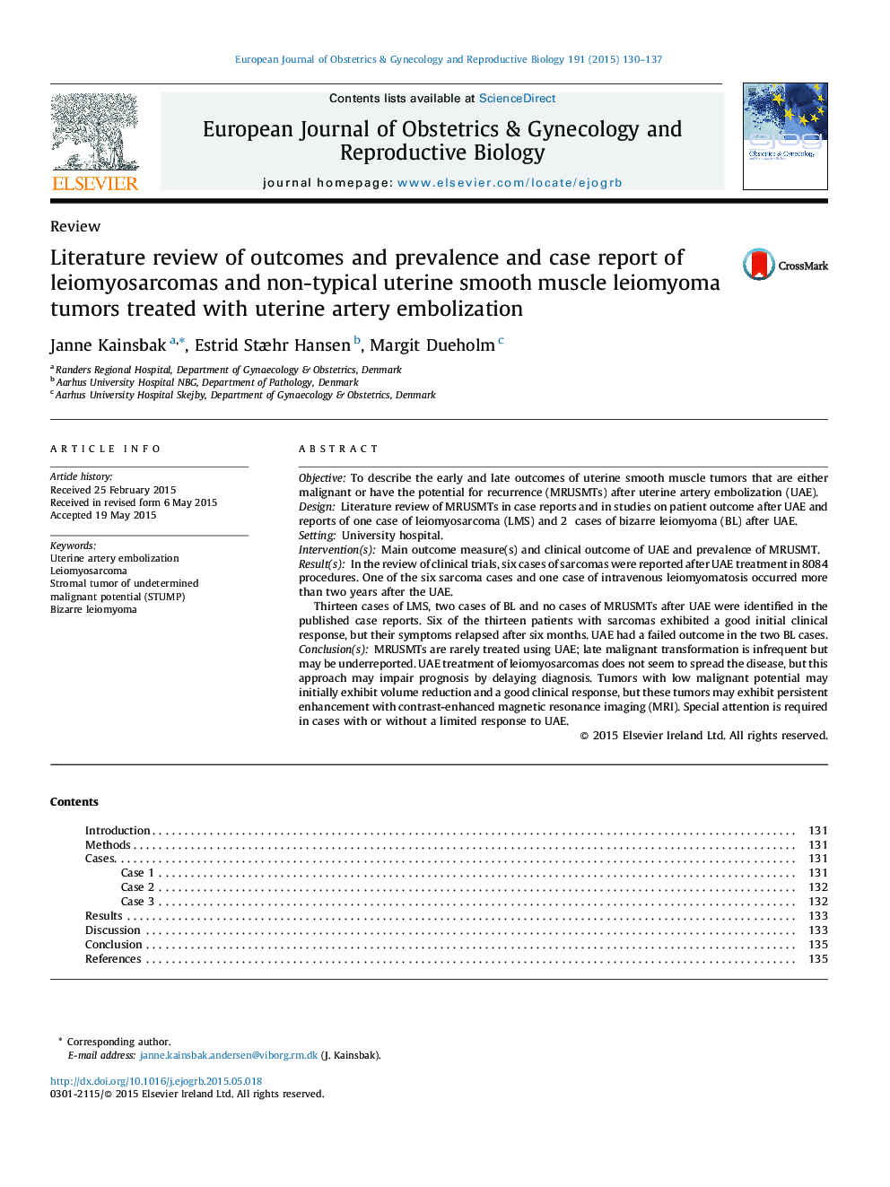 Literature review of outcomes and prevalence and case report of leiomyosarcomas and non-typical uterine smooth muscle leiomyoma tumors treated with uterine artery embolization