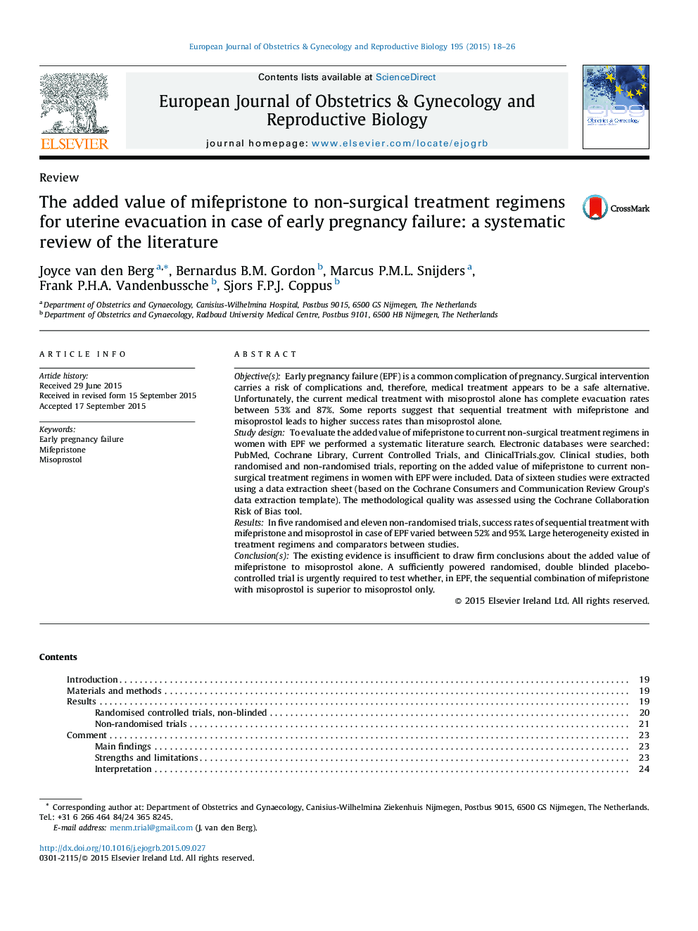 The added value of mifepristone to non-surgical treatment regimens for uterine evacuation in case of early pregnancy failure: a systematic review of the literature