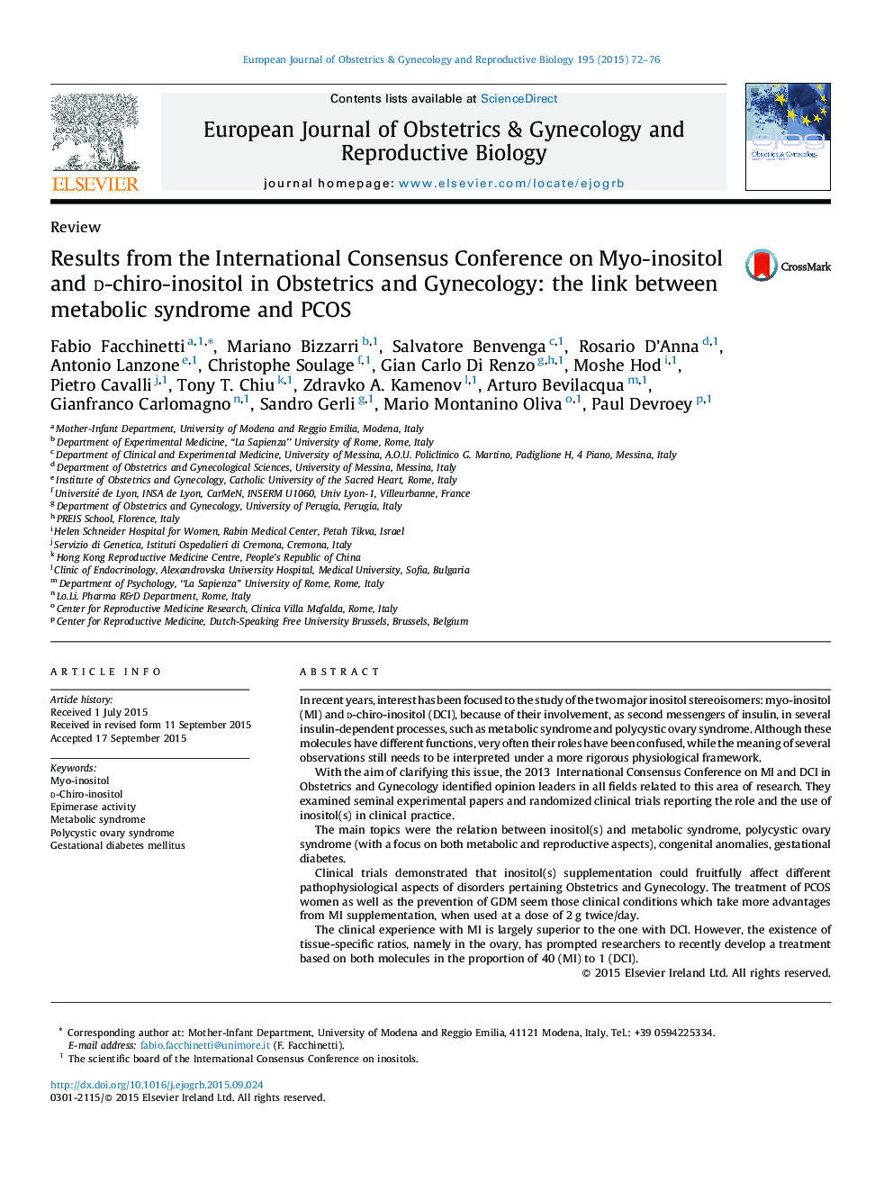 Results from the International Consensus Conference on Myo-inositol and d-chiro-inositol in Obstetrics and Gynecology: the link between metabolic syndrome and PCOS