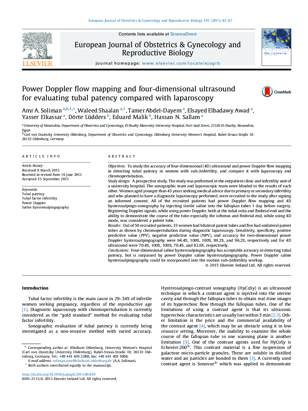 Power Doppler flow mapping and four-dimensional ultrasound for evaluating tubal patency compared with laparoscopy