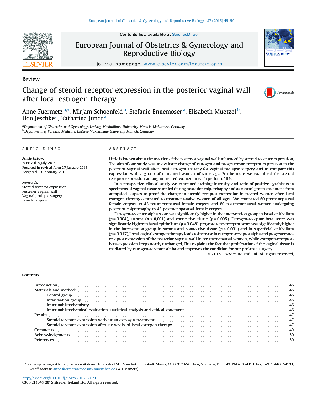 Change of steroid receptor expression in the posterior vaginal wall after local estrogen therapy